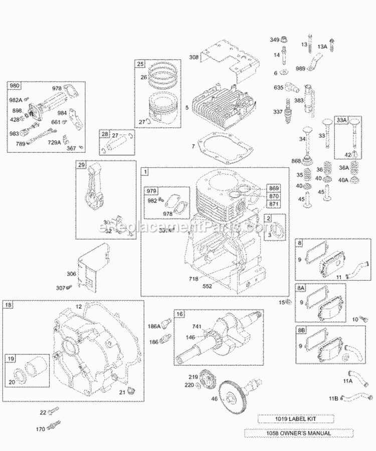 Cam-Crankshaft-Crankcase CoverSump Cylinder Group-Head-Piston Group Valves-Breather Diagram and Parts List for 197412-1124-E2  Briggs and Stratton Engine